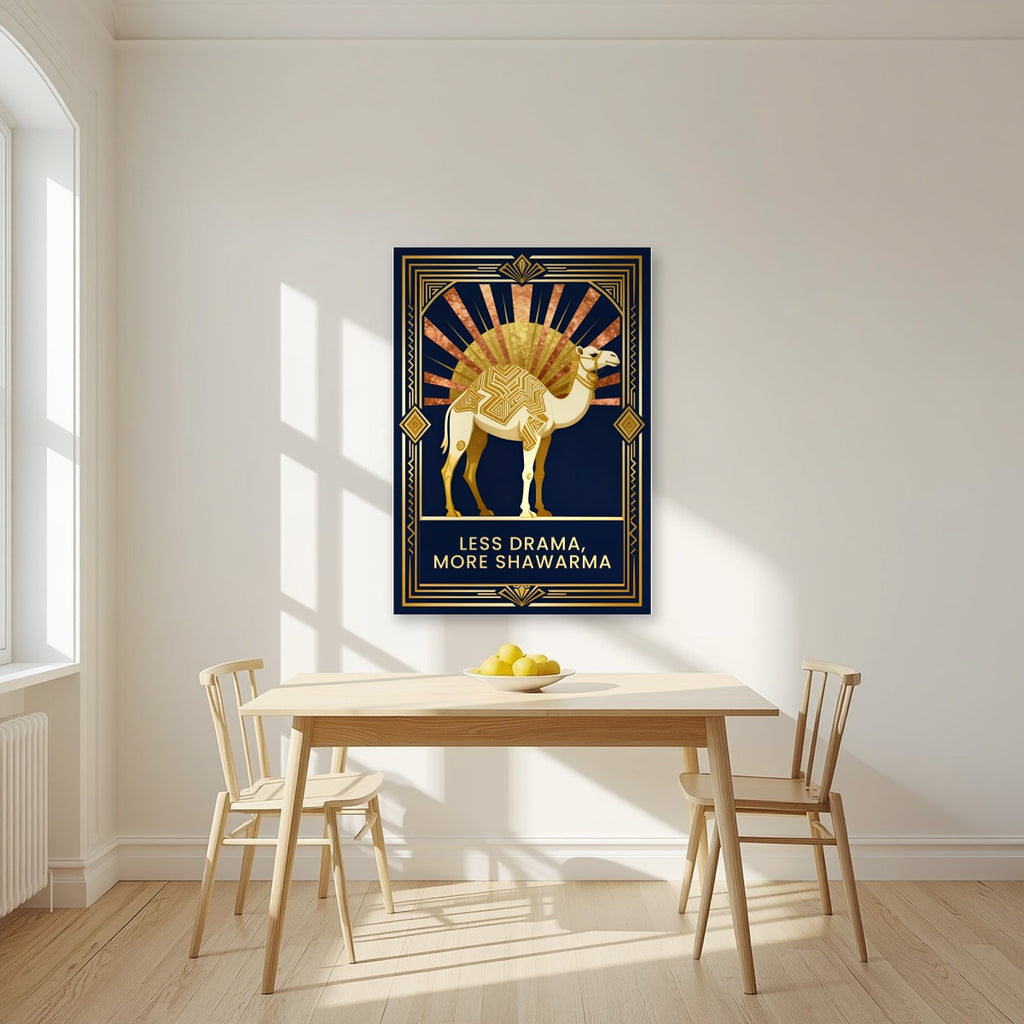 Less Drama, More Shawarma – Deco Sunrise as an unframed print, above a dining table in a bright kitchen