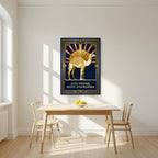 Less Drama, More Shawarma – Deco Sunrise as an unframed print, above a dining table in a bright kitchen