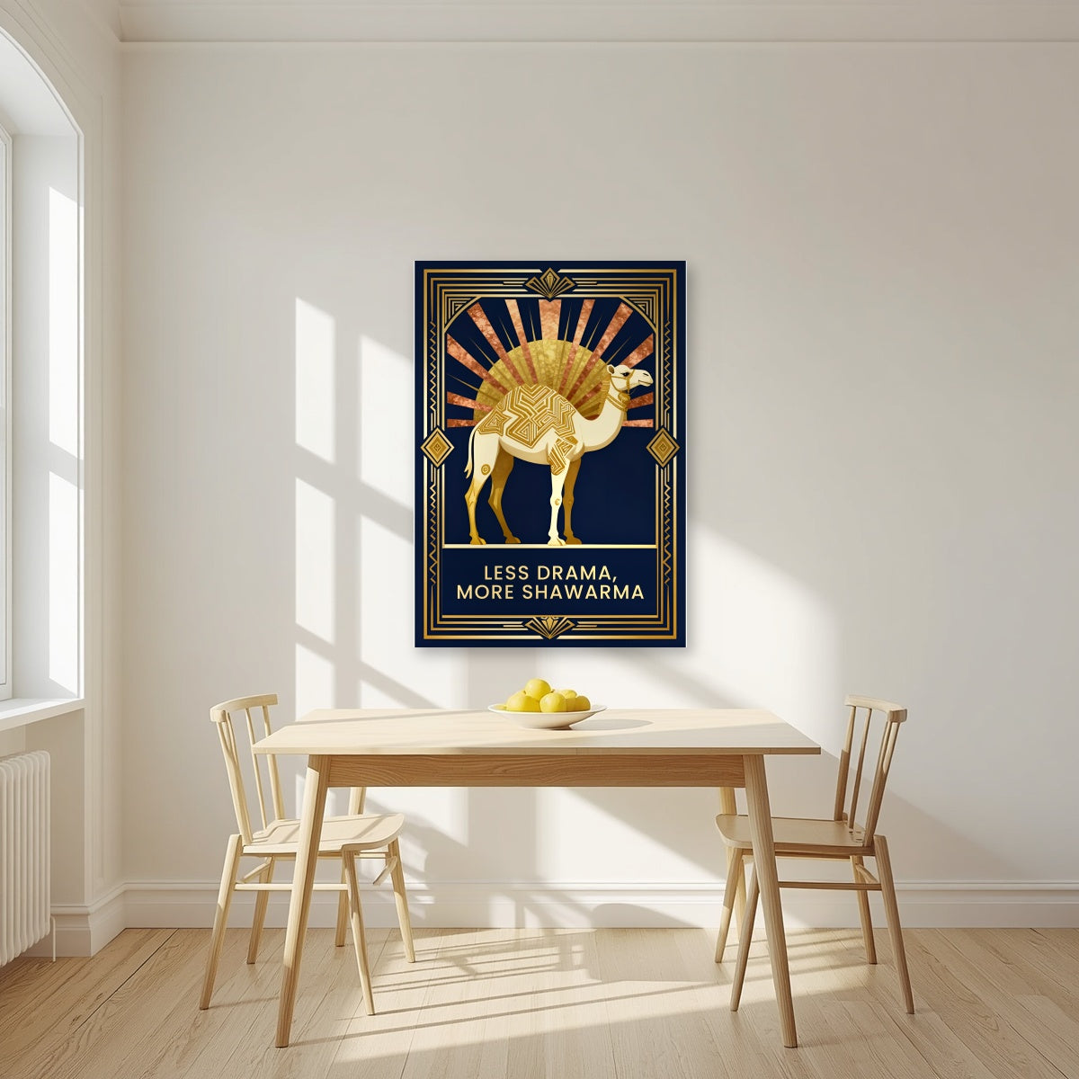 Less Drama, More Shawarma – Deco Sunrise as an unframed print, above a dining table in a bright kitchen