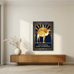 Less Drama, More Shawarma – Deco Sunrise as an unframed print, above a walnut sideboard in a living room