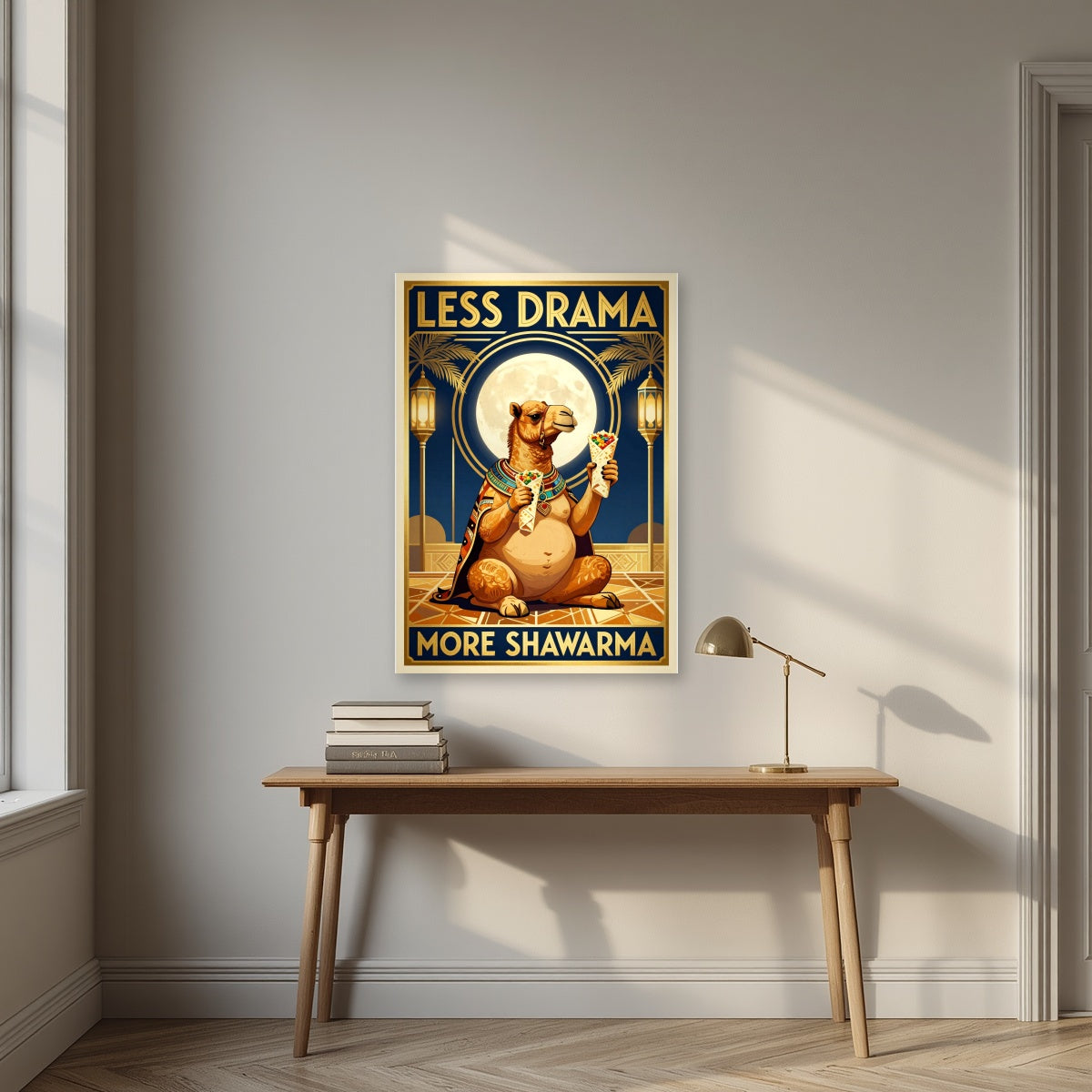 Less Drama, More Shawarma – Midnight Feast as an unframed print, above an oak writing desk