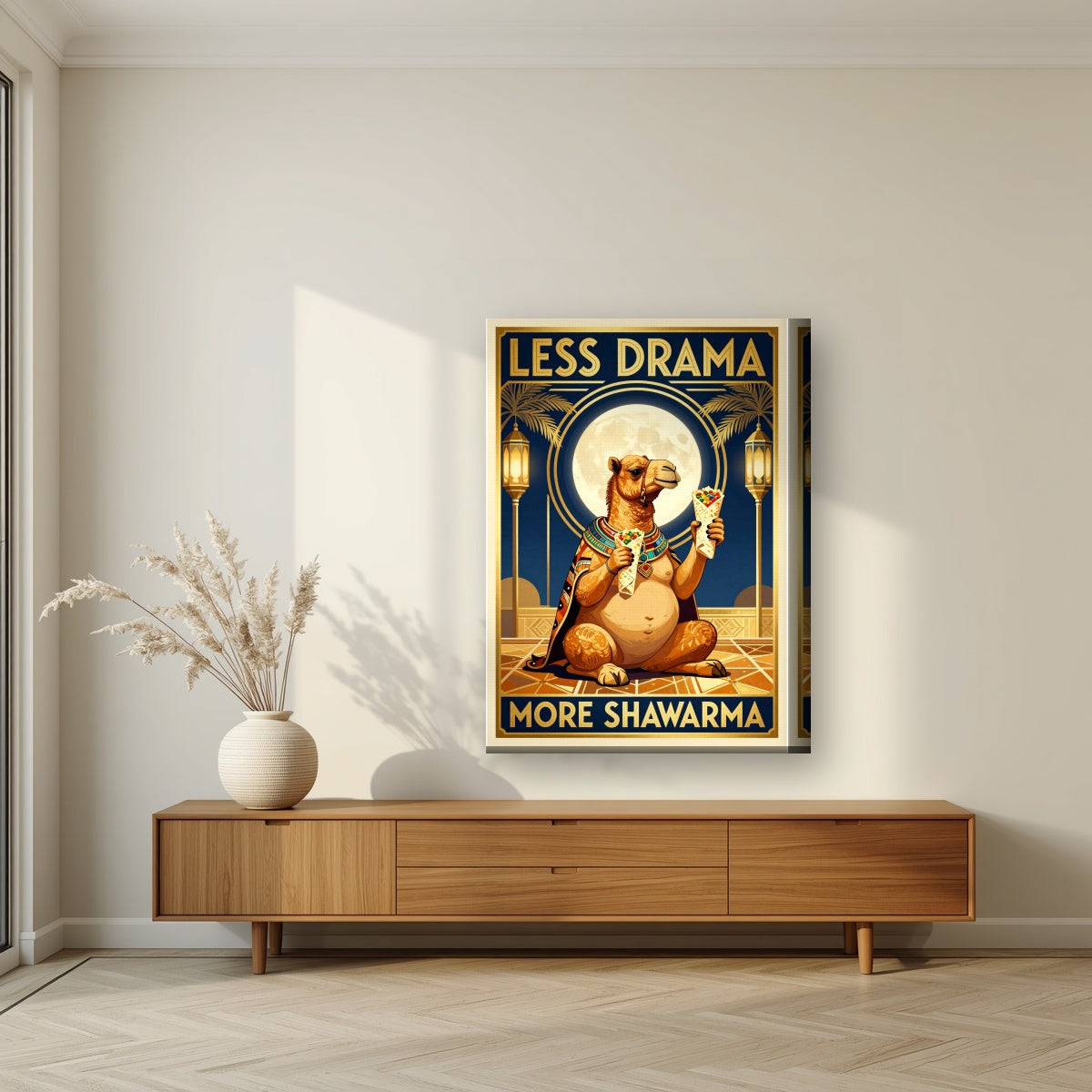Less Drama, More Shawarma – Midnight Feast on a thick-edge canvas, above a walnut sideboard in a living room