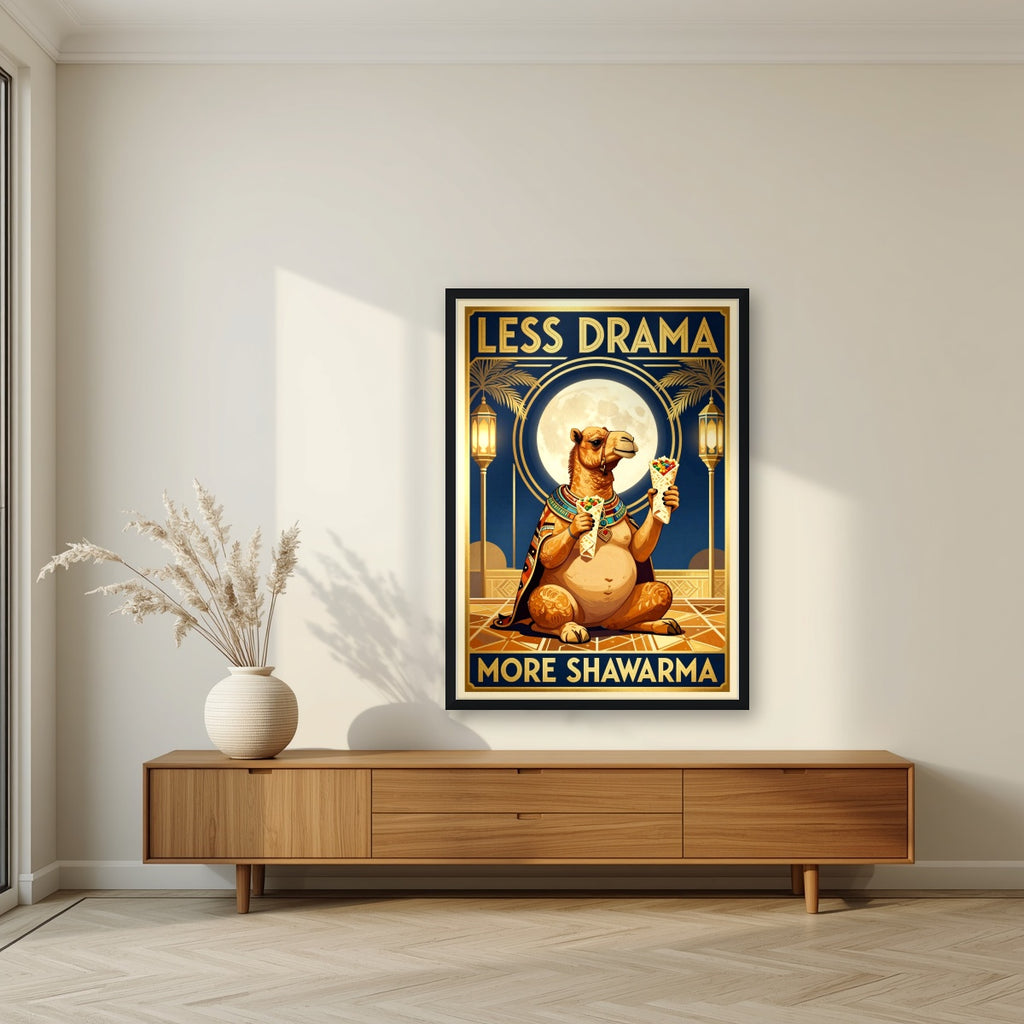Less Drama, More Shawarma – Midnight Feast in a black frame, above a walnut sideboard in a living room