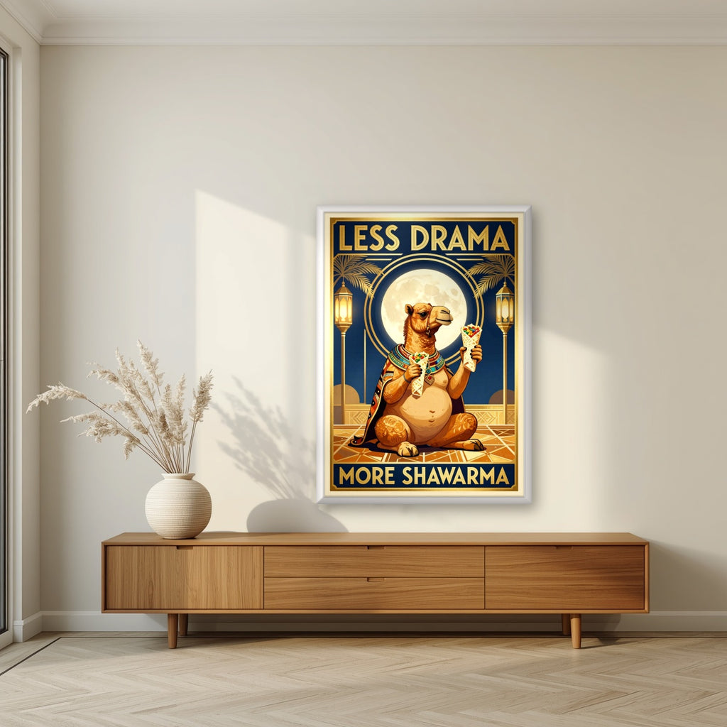 Less Drama, More Shawarma – Midnight Feast in a white frame, above a walnut sideboard in a living room