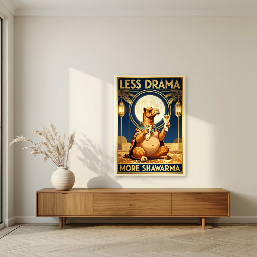 Less Drama, More Shawarma – Midnight Feast as an unframed print, above a walnut sideboard in a living room