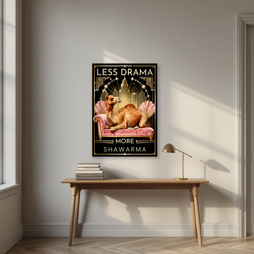 Less Drama, More Shawarma – Uptown Glam as an unframed print, above an oak writing desk