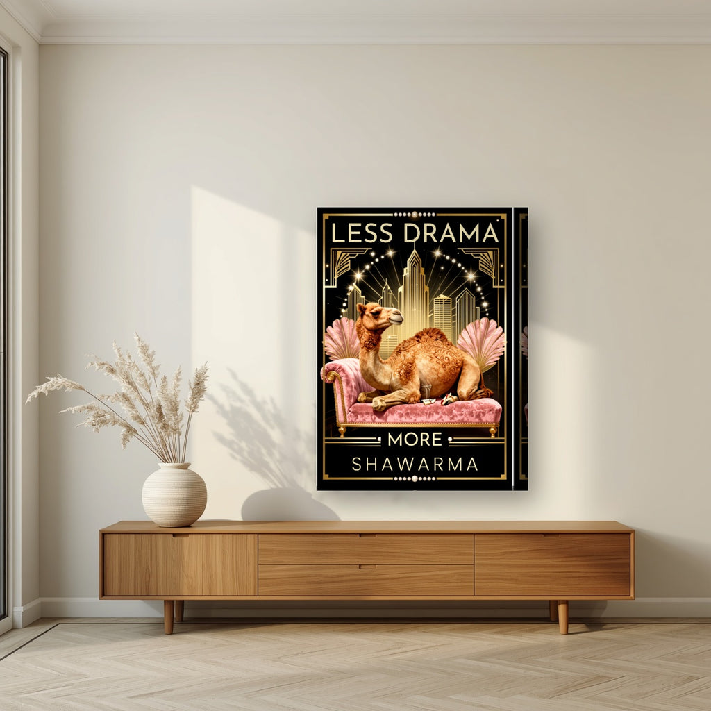 Less Drama, More Shawarma – Uptown Glam on a thick-edge canvas, above a walnut sideboard in a living room
