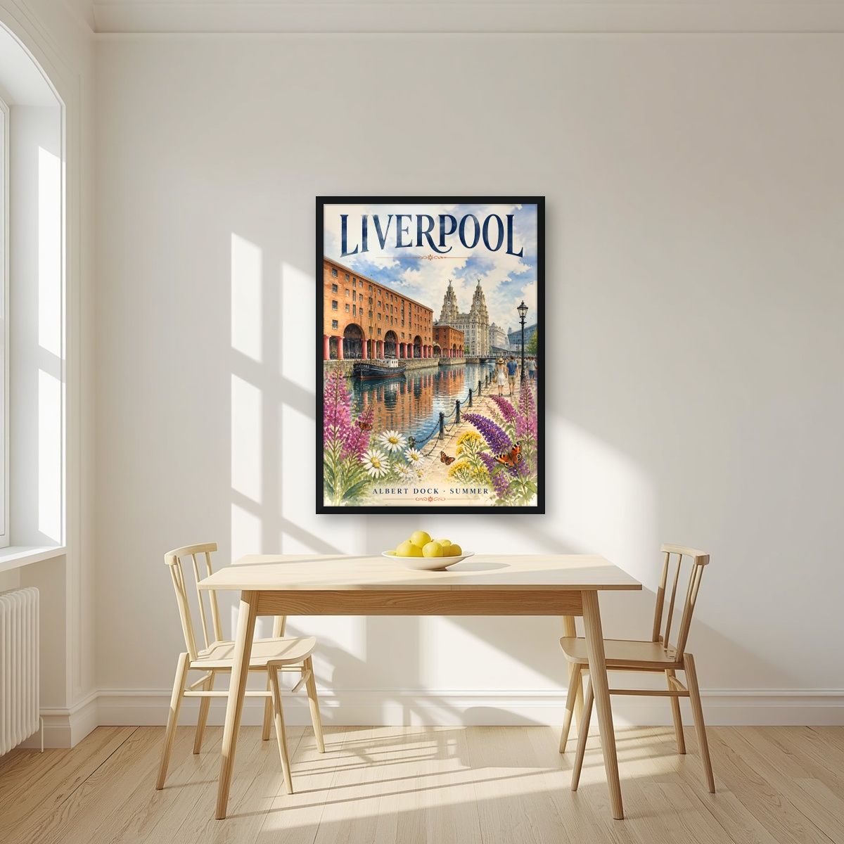 Albert Dock — Liverpool art print, in a black frame, styled in a kitchen
