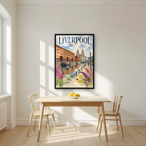 Albert Dock — Liverpool art print, in a black frame, styled in a kitchen