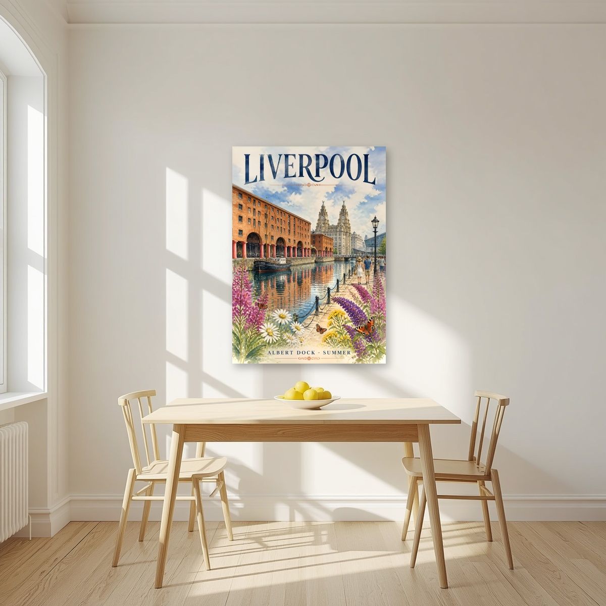 Albert Dock — Liverpool art print, unframed poster, styled in a kitchen