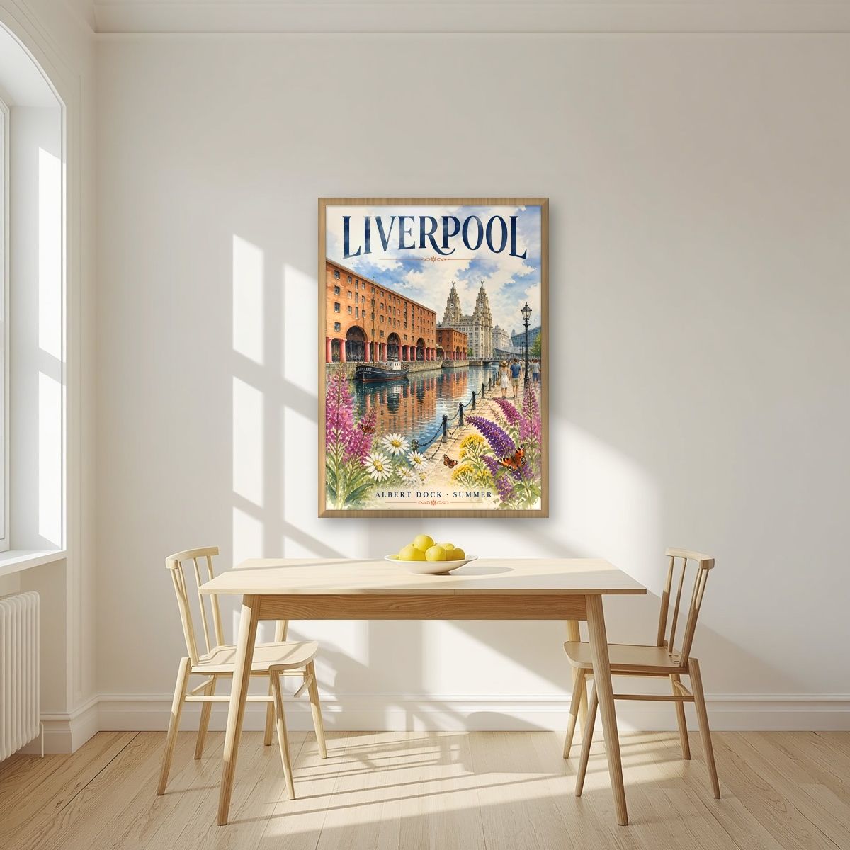 Albert Dock — Liverpool art print, in an oak frame, styled in a kitchen