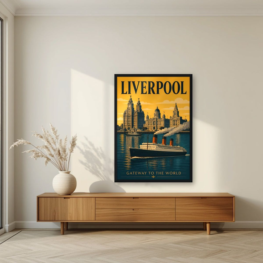 Gateway To The World — Liverpool art print, in a black frame, styled in a living room