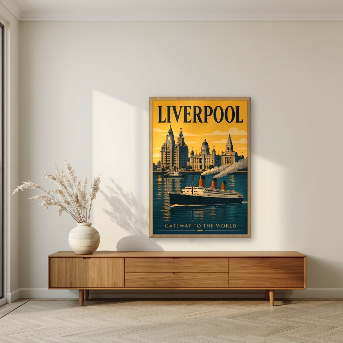 Gateway To The World — Liverpool art print, in an oak frame, styled in a living room