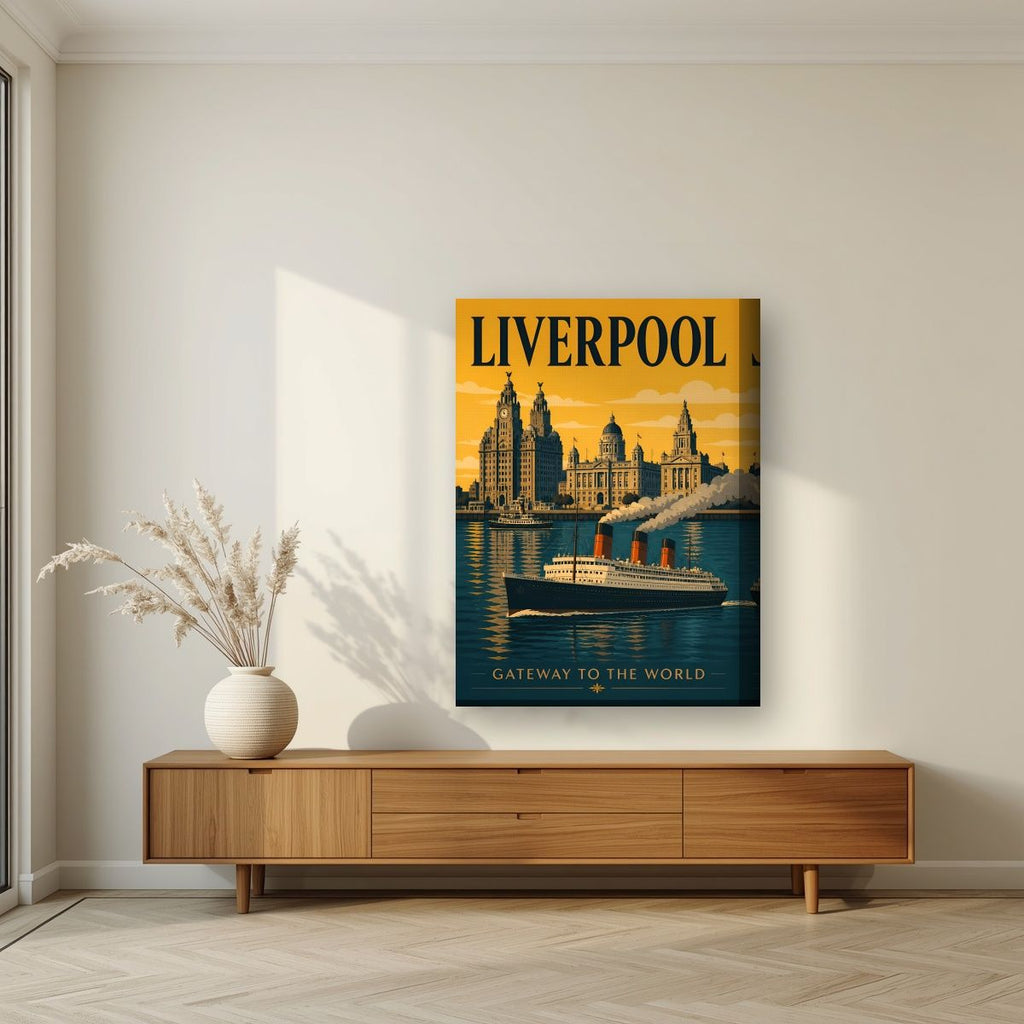 Gateway To The World — Liverpool art print, on thick canvas, styled in a living room