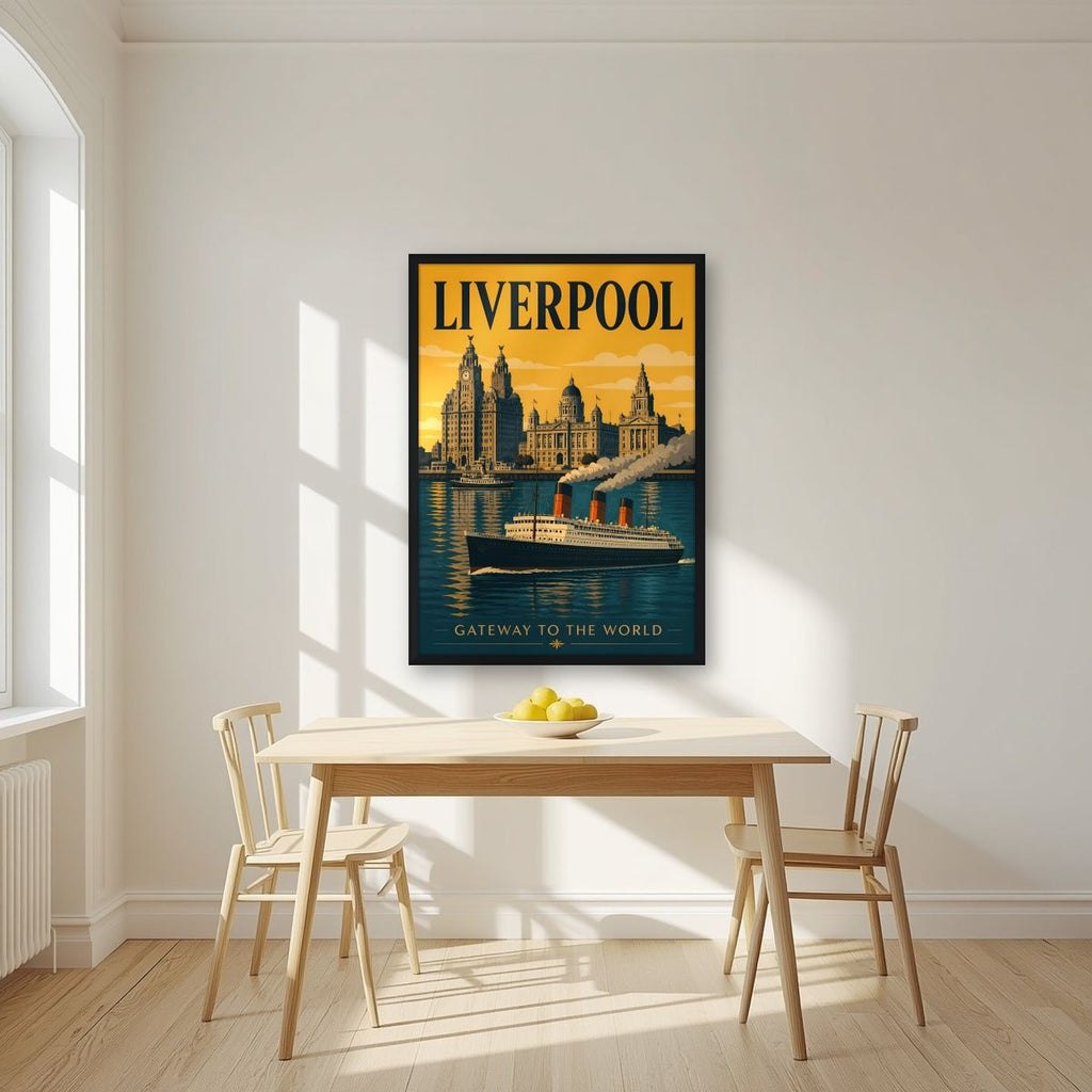 Gateway To The World — Liverpool art print, in a black frame, styled in a kitchen
