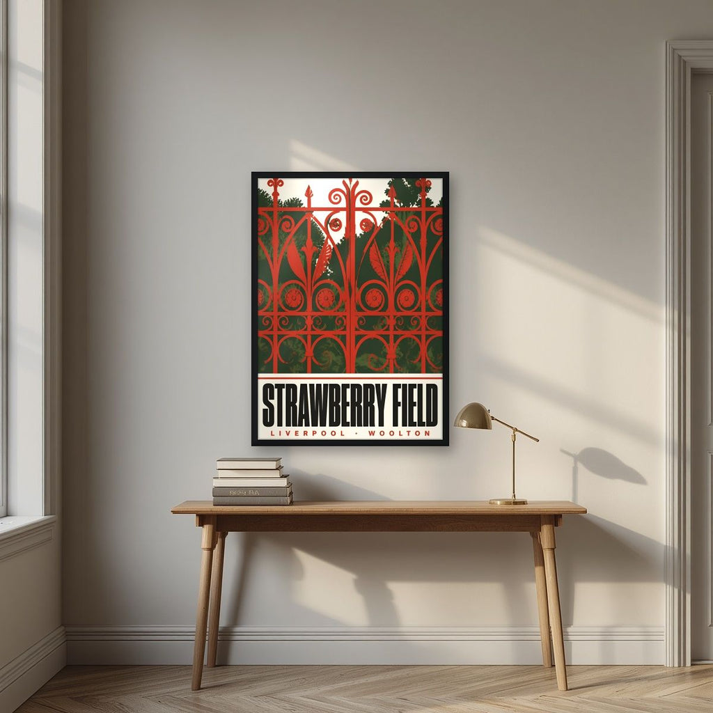 Strawberry Field — Liverpool art print, in a black frame, styled in a desk