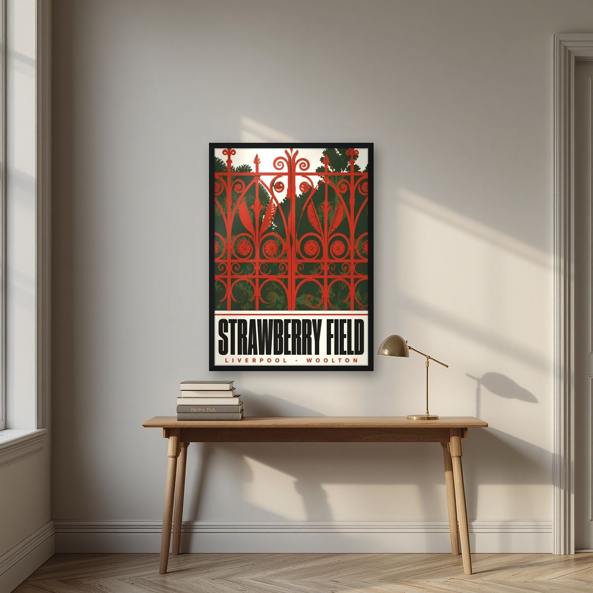 Strawberry Field — Liverpool art print, in a black frame, styled in a desk