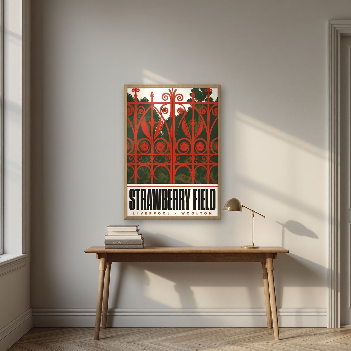 Strawberry Field — Liverpool art print, in an oak frame, styled in a desk