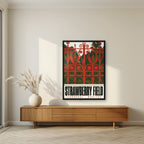 Strawberry Field — Liverpool art print, in a black frame, styled in a living room