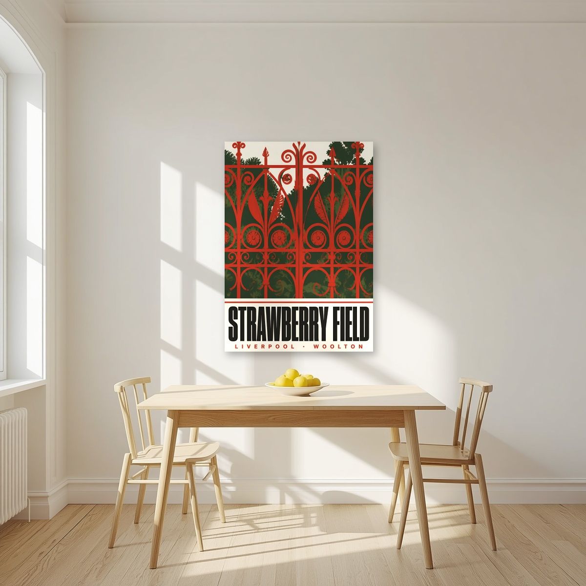 Strawberry Field — Liverpool art print, unframed poster, styled in a kitchen