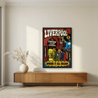 The Cavern Club — Liverpool art print, in a black frame, styled in a living room