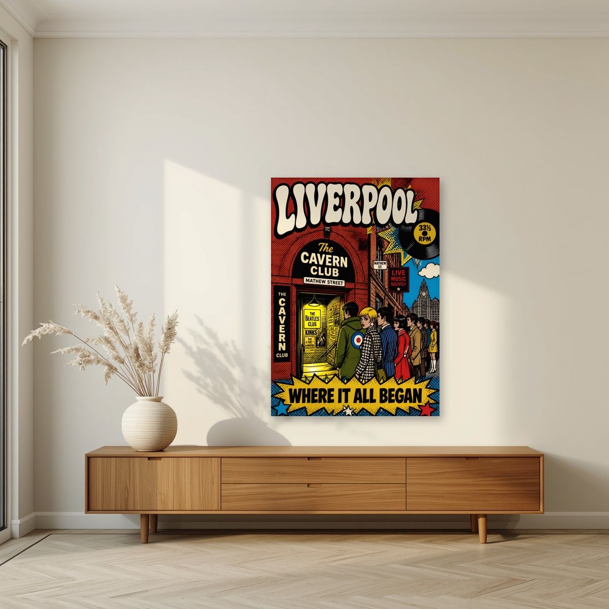 The Cavern Club — Liverpool art print, unframed poster, styled in a living room