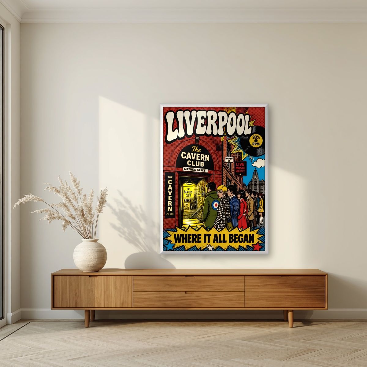 The Cavern Club — Liverpool art print, in a white frame, styled in a living room