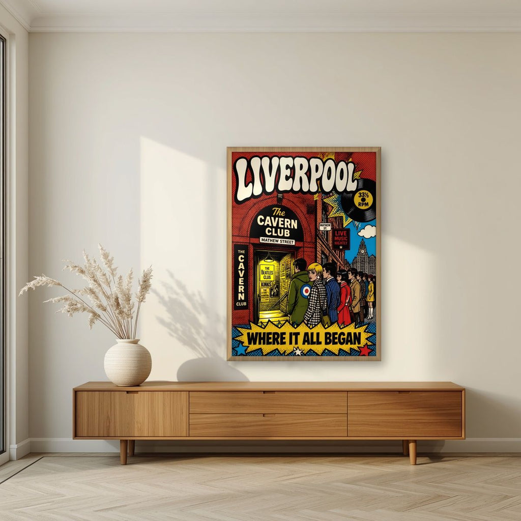 The Cavern Club — Liverpool art print, in an oak frame, styled in a living room
