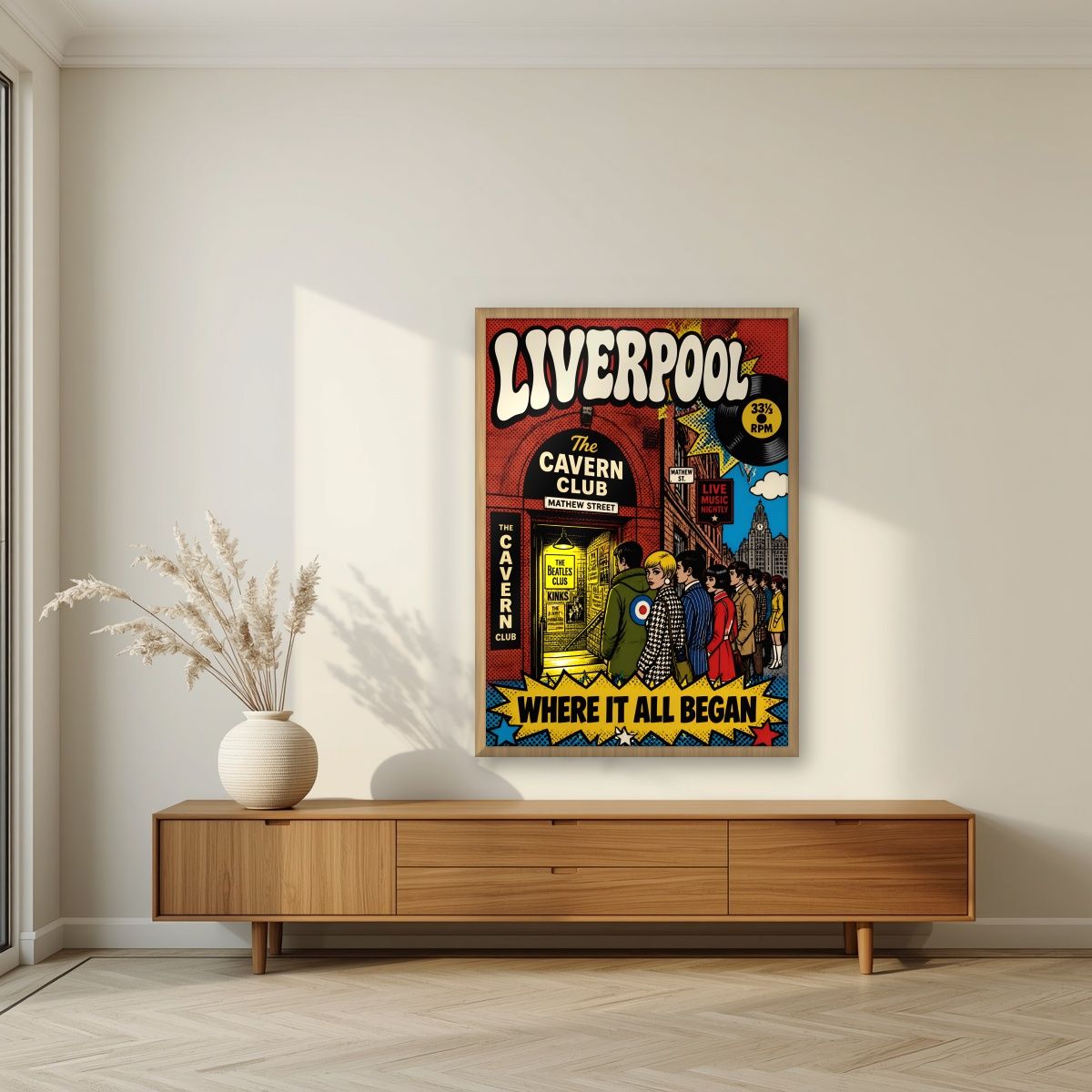 The Cavern Club — Liverpool art print, in an oak frame, styled in a living room