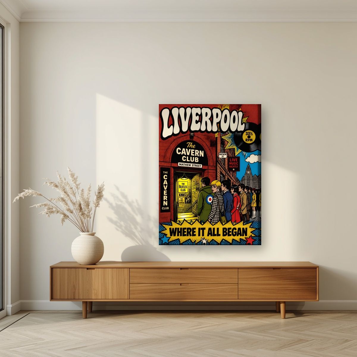 The Cavern Club — Liverpool art print, on slim canvas, styled in a living room