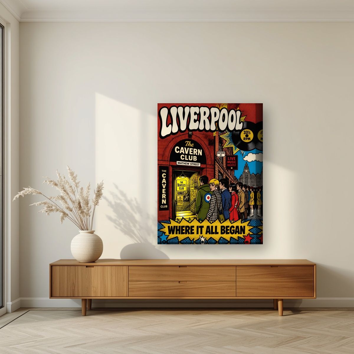 The Cavern Club — Liverpool art print, on thick canvas, styled in a living room