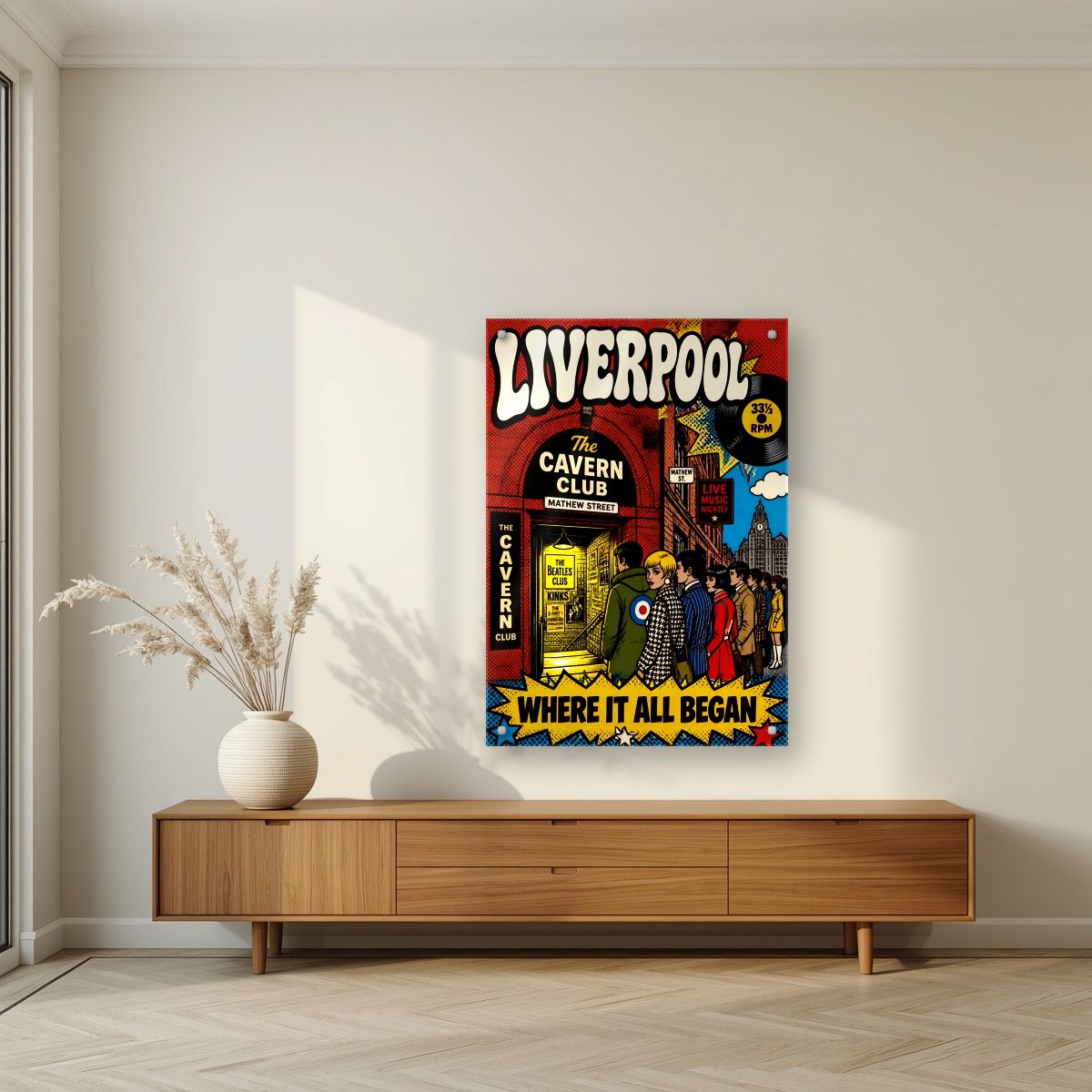 The Cavern Club — Liverpool art print, as an acrylic print, styled in a living room
