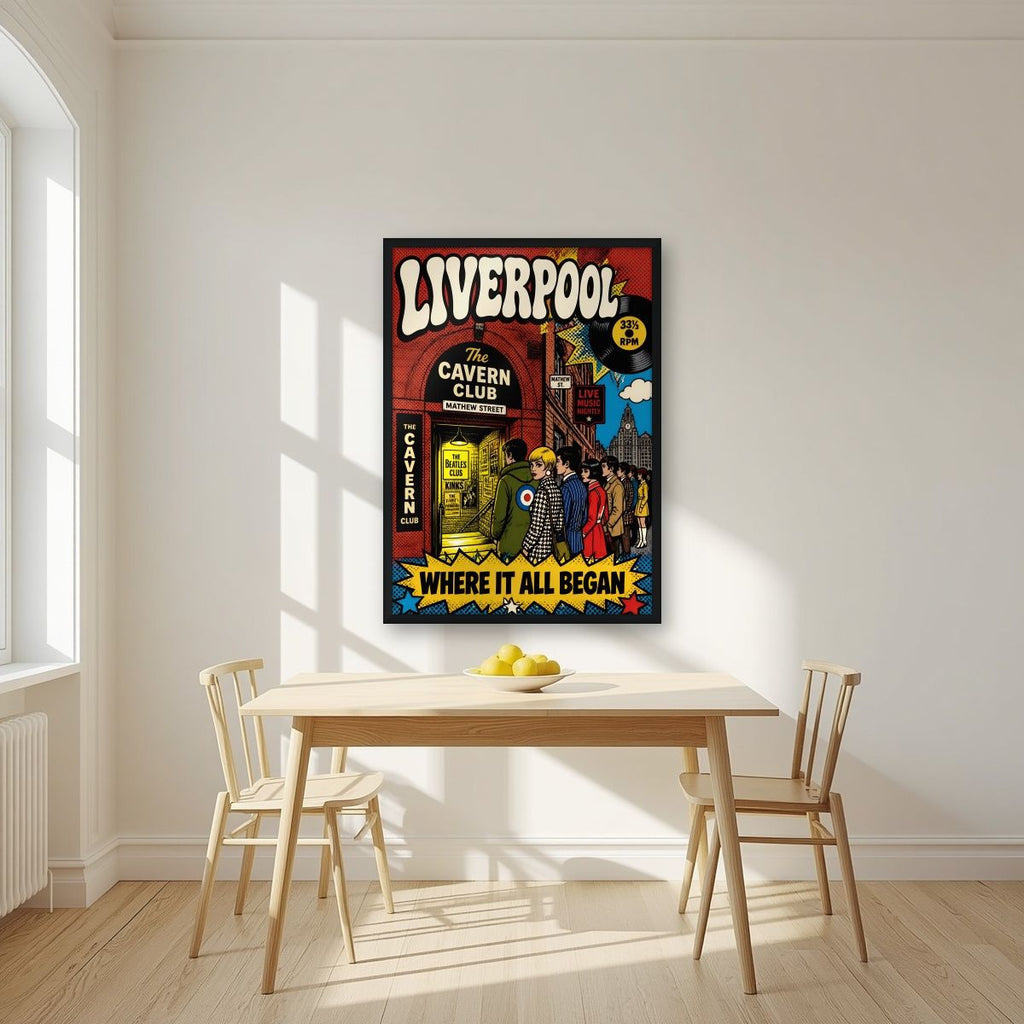 The Cavern Club — Liverpool art print, in a black frame, styled in a kitchen