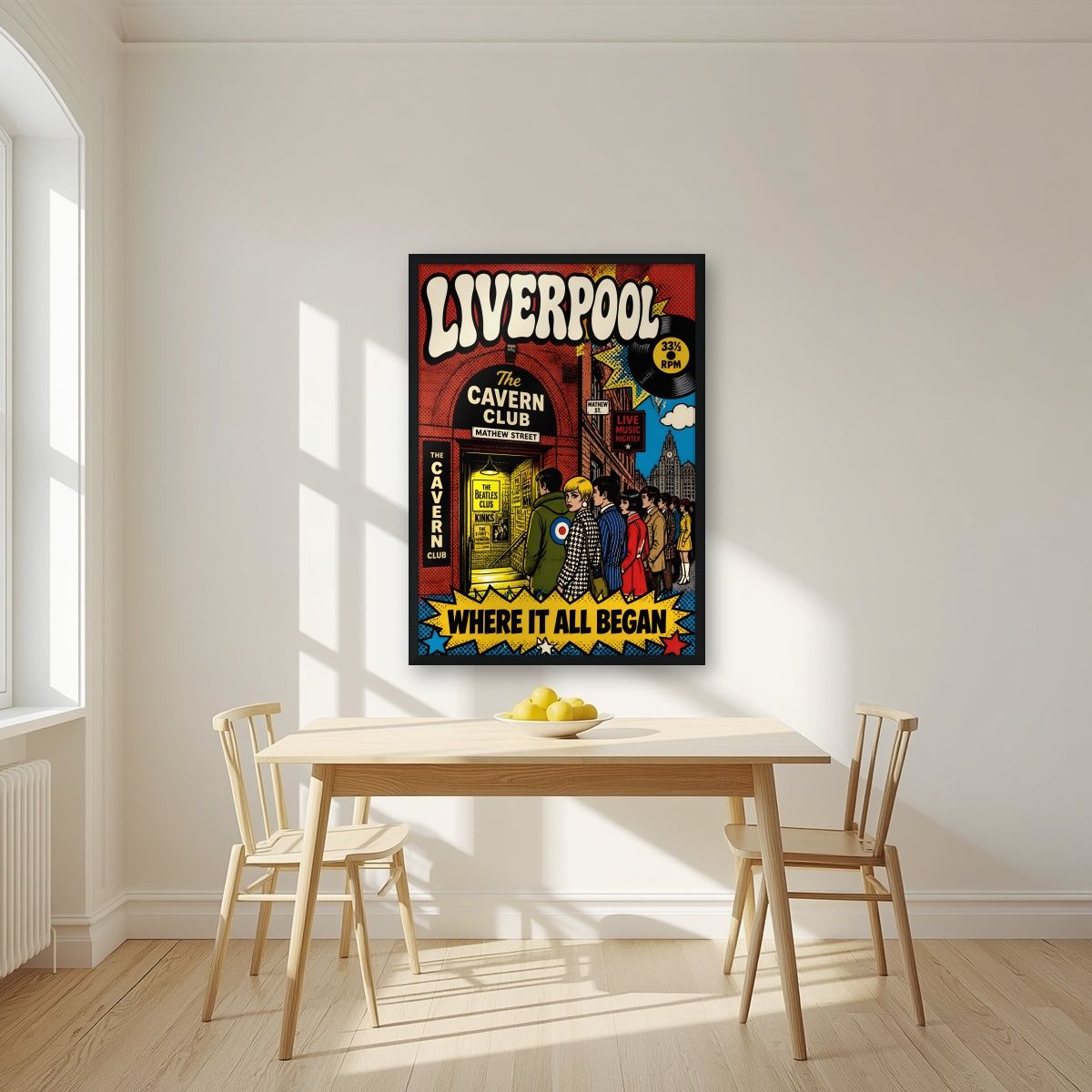 The Cavern Club — Liverpool art print, in a black frame, styled in a kitchen