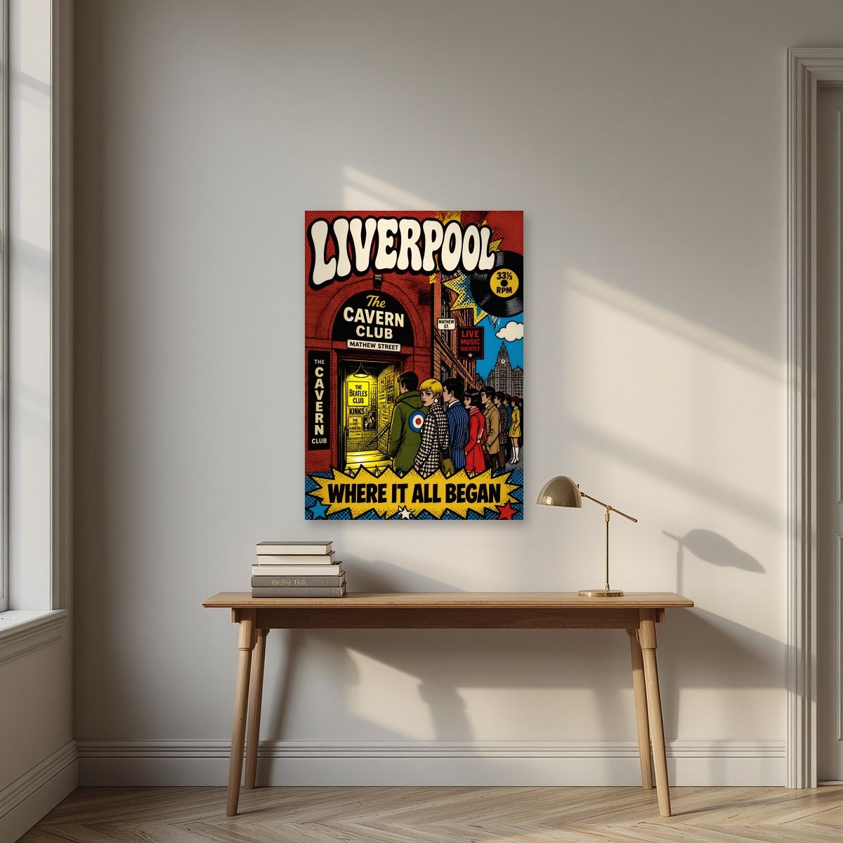 The Cavern Club — Liverpool art print, unframed poster, styled in a desk
