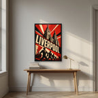 The Liver Birds — Liverpool art print, in a black frame, styled in a desk