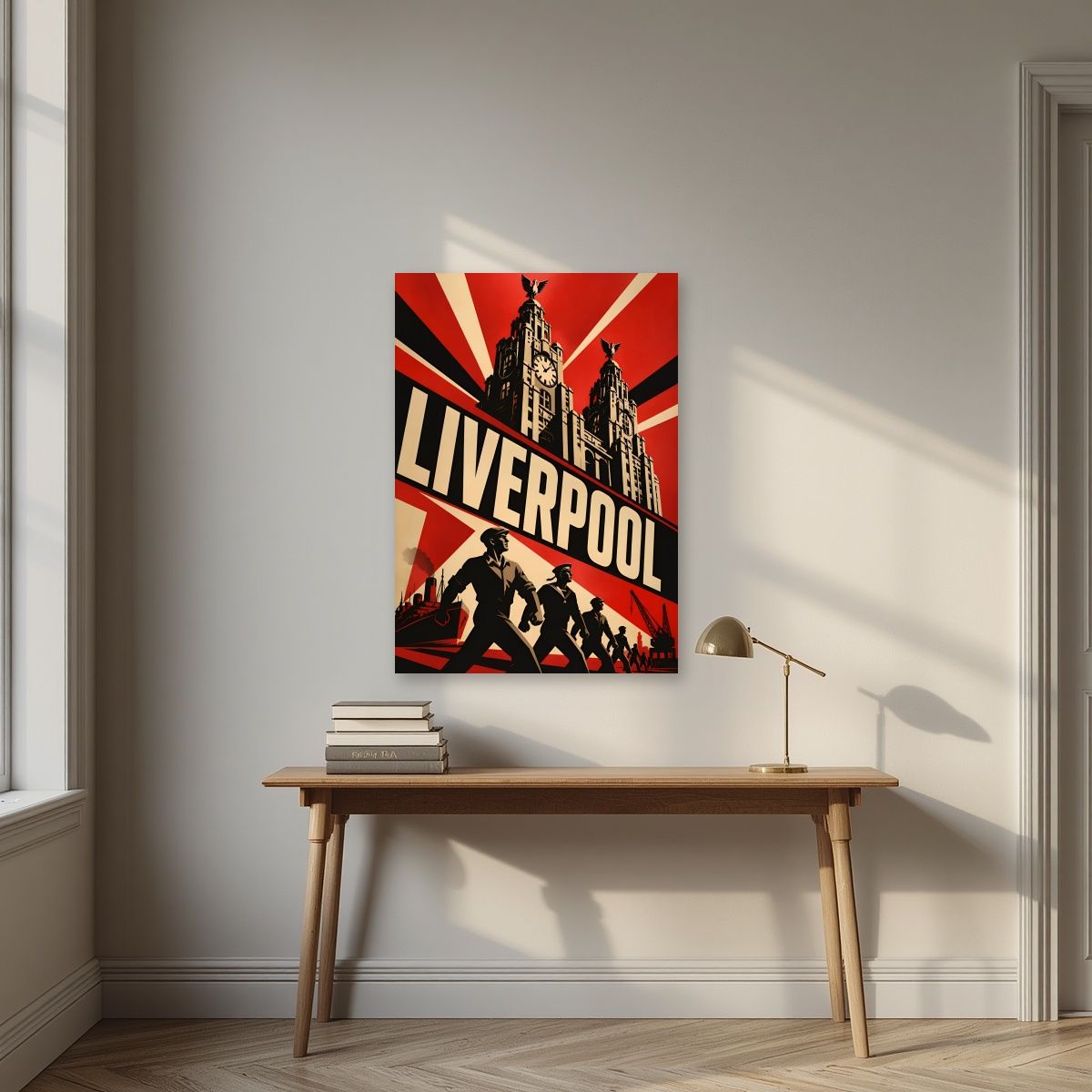 The Liver Birds — Liverpool art print, unframed poster, styled in a desk
