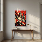 The Liver Birds — Liverpool art print, in a white frame, styled in a desk