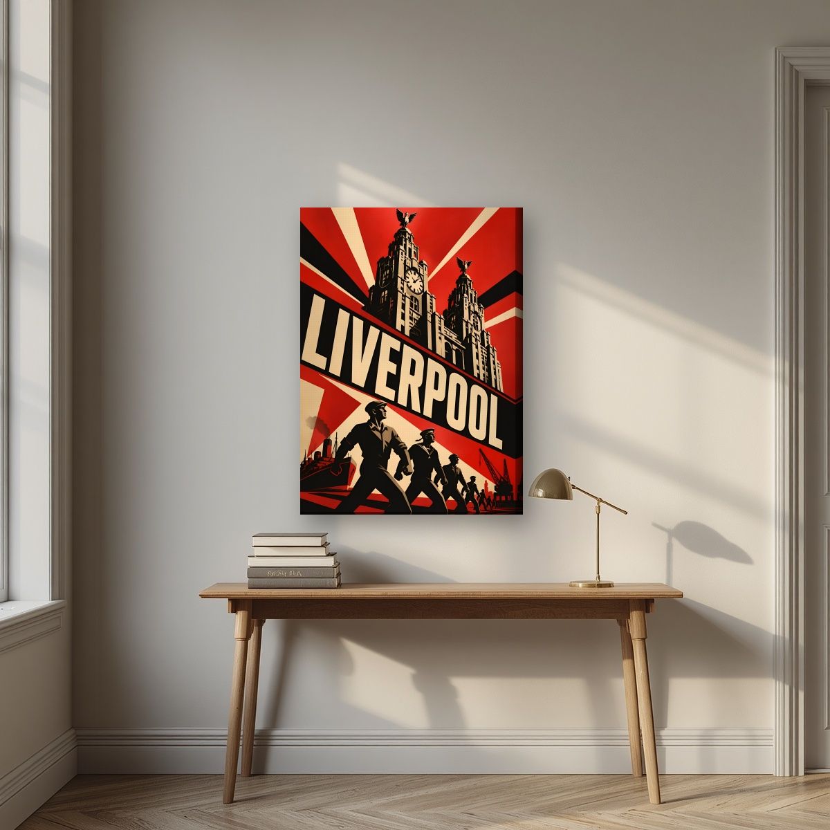 The Liver Birds — Liverpool art print, on slim canvas, styled in a desk