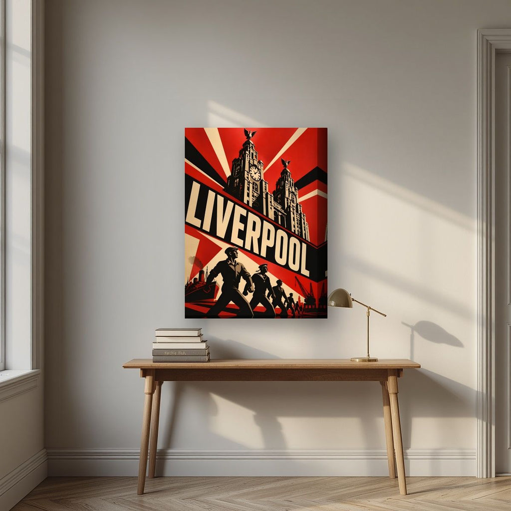 The Liver Birds — Liverpool art print, on thick canvas, styled in a desk