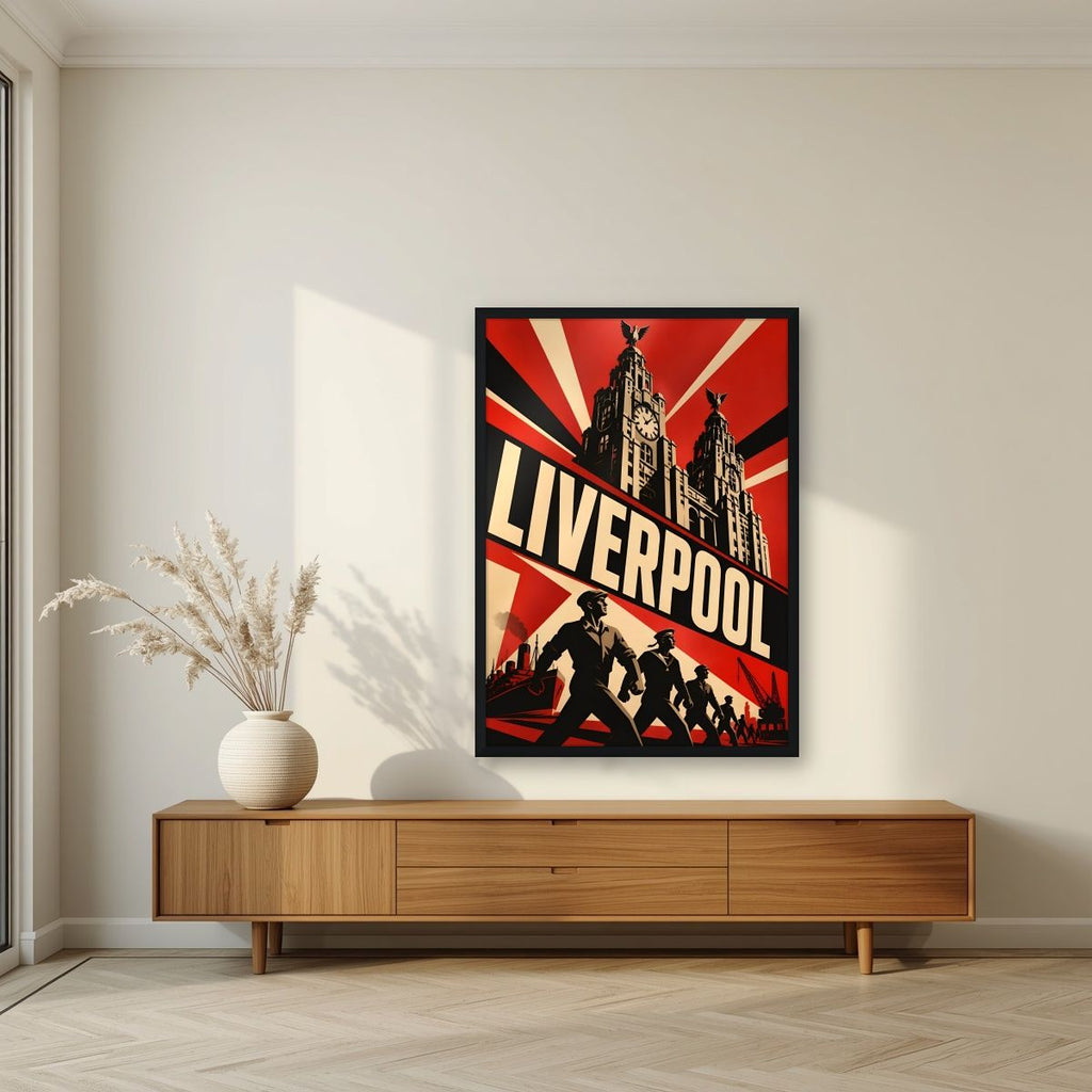 The Liver Birds — Liverpool art print, in a black frame, styled in a living room