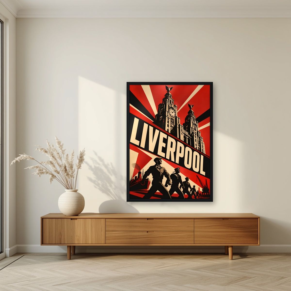 The Liver Birds — Liverpool art print, in a black frame, styled in a living room