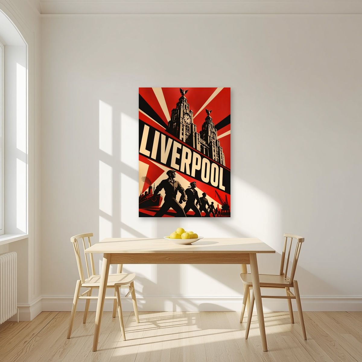 The Liver Birds — Liverpool art print, unframed poster, styled in a kitchen