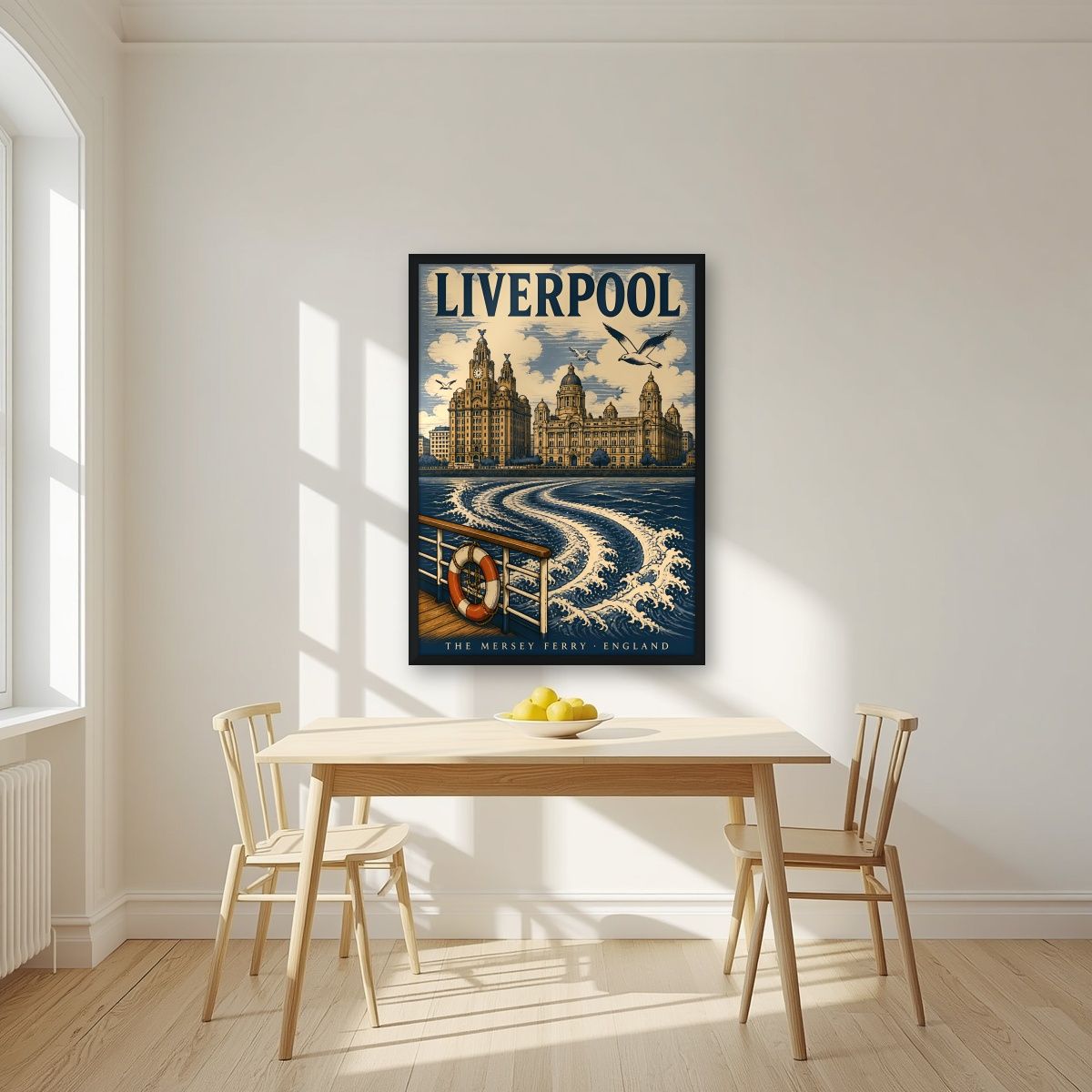 The Mersey Ferry — Liverpool art print, in a black frame, styled in a kitchen