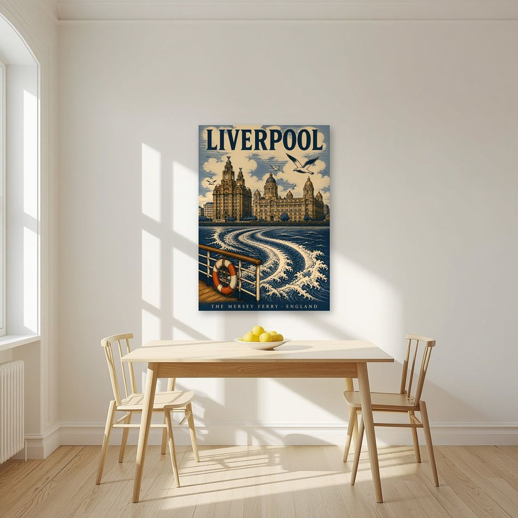 The Mersey Ferry — Liverpool art print, unframed poster, styled in a kitchen