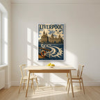 The Mersey Ferry — Liverpool art print, in a white frame, styled in a kitchen