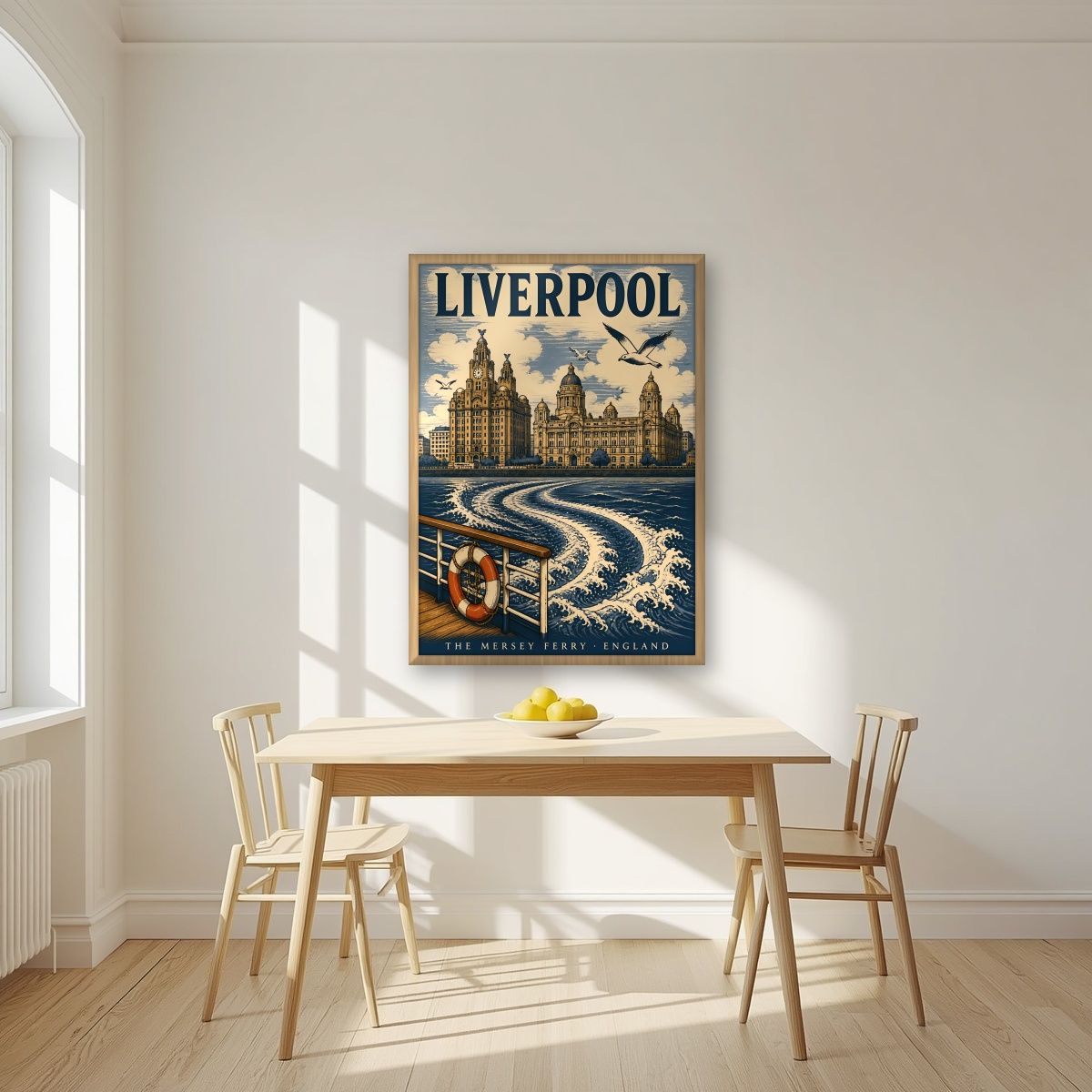 The Mersey Ferry — Liverpool art print, in an oak frame, styled in a kitchen