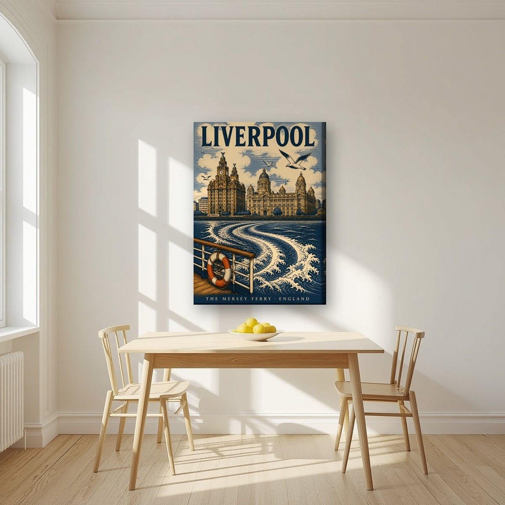 The Mersey Ferry — Liverpool art print, on slim canvas, styled in a kitchen