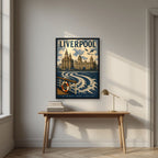 The Mersey Ferry — Liverpool art print, in a black frame, styled in a desk