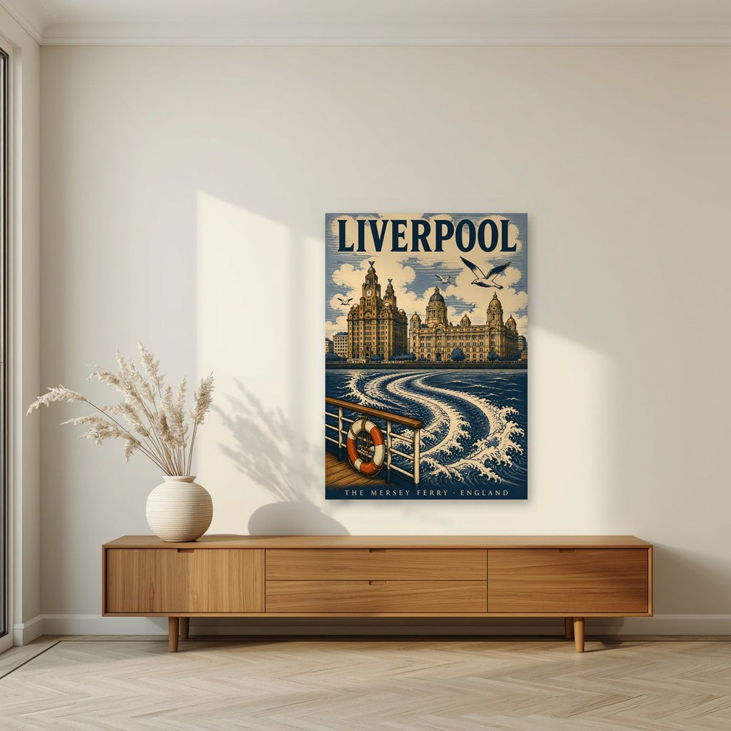 The Mersey Ferry — Liverpool art print, unframed poster, styled in a living room